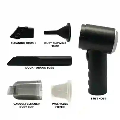 Black handheld vacuum cleaner with various attachments on a white background