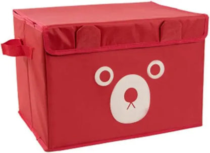 Red storage box with a bear face design on a white background