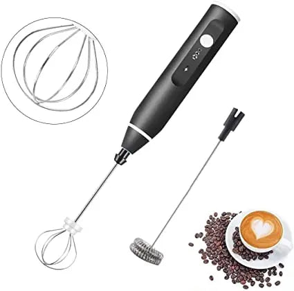Black handheld milk frother with attachments on a white background