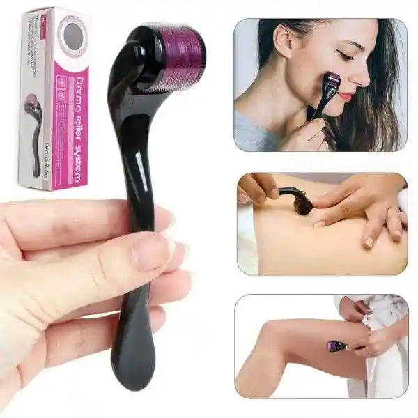 Dermal roller with purple attachments, packaging, and usage on skin.