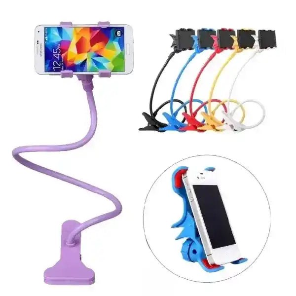 Colorful phone holder with flexible arm and multiple attachments on a white background