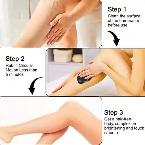 Step-by-step guide on using a hair removal product with close-up images of application and results.