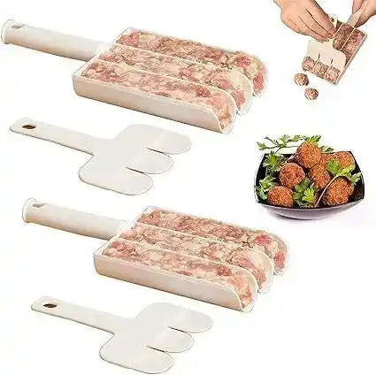 Kebab making set with meat, skewers, and a plate of cooked kebabs.