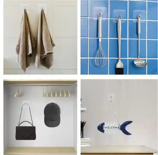 Collage of wall hooks with towels, utensils, a handbag, and a fish-shaped sign.