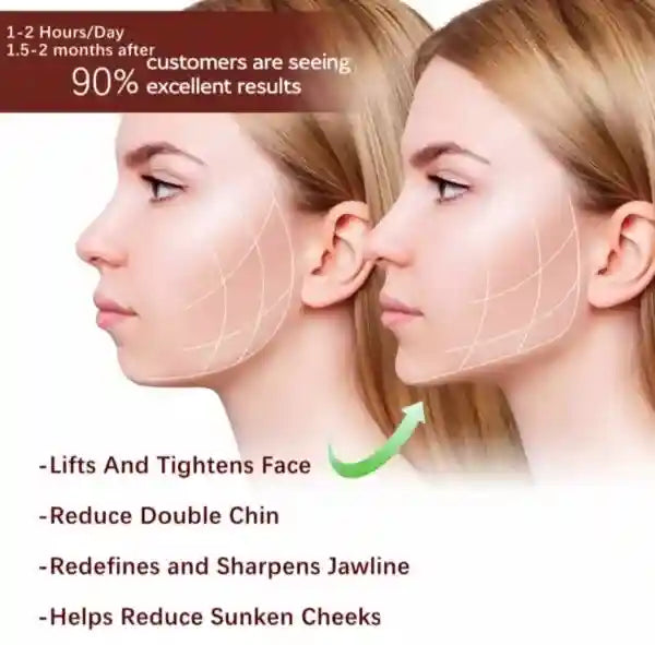 Before and after comparison of a woman's face with text highlighting results and benefits.