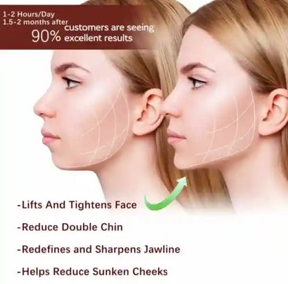 Before and after comparison of a woman's face with text highlighting results and benefits.