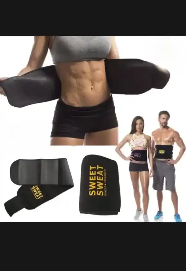 Black waist trainer with 'Sweet Sweat' branding, shown on a person and displayed with two people.