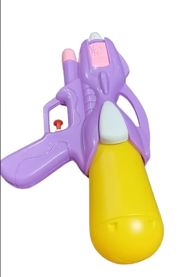 Purple and yellow toy gun on a white background