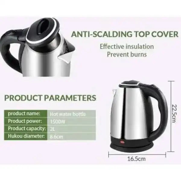 Electric kettle with anti-scalding top cover and product parameters displayed.