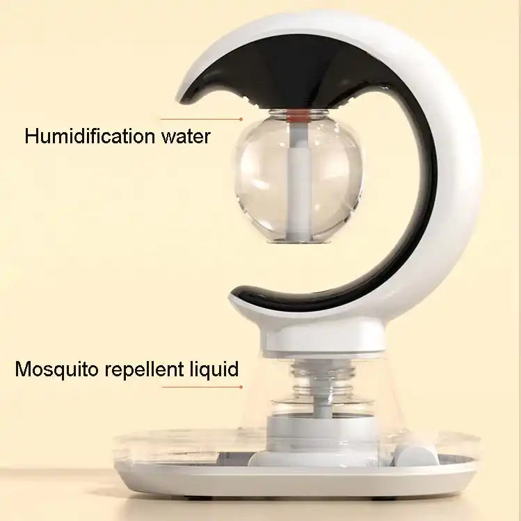 Mosquito repellent device with labeled water and liquid compartments on a beige background