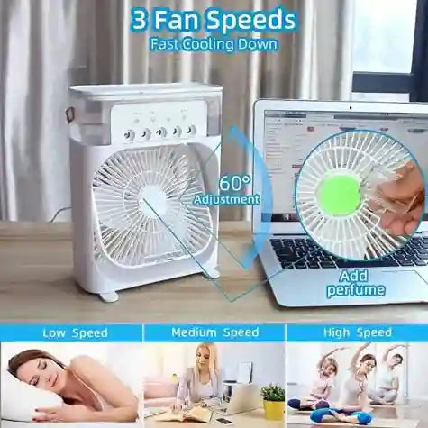 Portable fan with laptop on desk, showing fan speeds and features.