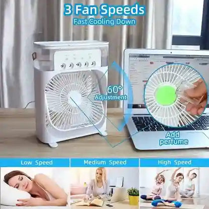 Portable fan with laptop on desk, showing fan speeds and features.