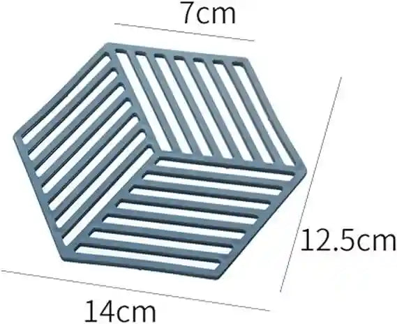 Hexagonal silicone mat with dimensions labeled on a white background
