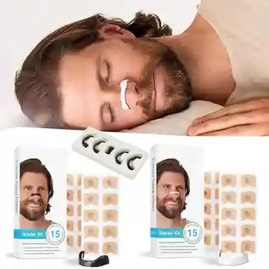 Man lying down with a nose strip, next to a starter kit packaging on a white background