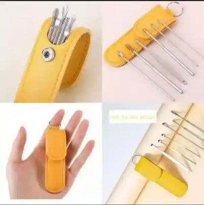 Set of metal needles in a yellow case, shown from different angles.
