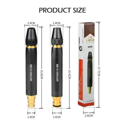 Black tattoo machine pen with gold accents and packaging, showing product size measurements.