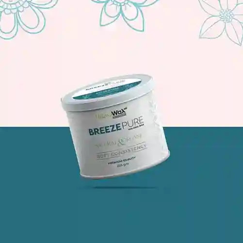 Container of Breeze Pure wax on a blue and pink gradient background