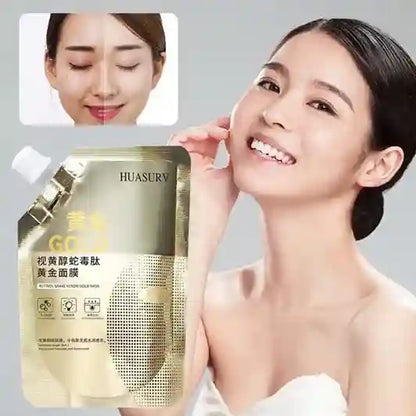 Woman holding a gold facial mask package with 'HUASURV' branding, inset showing a close-up of her face.
