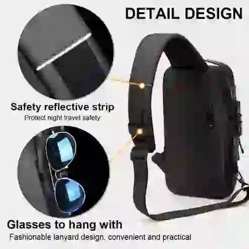 Black crossbody bag with safety reflective strip and glasses holder on a white background