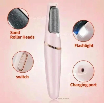 Portable device with sand roller heads, flashlight, switch, and charging port on a pink background