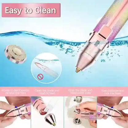 Multicolored pen with cleaning instructions on a blue water background