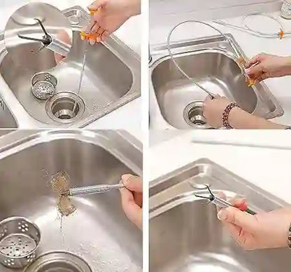 Step-by-step process of using a kitchen tool to clean a sink.