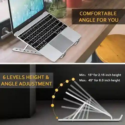 Laptop on a adjustable stand with text highlighting comfort and height adjustment features.