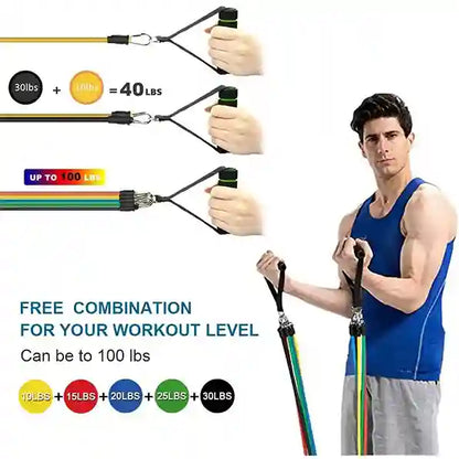 Resistance band set with a man demonstrating use, showing customizable weight options.