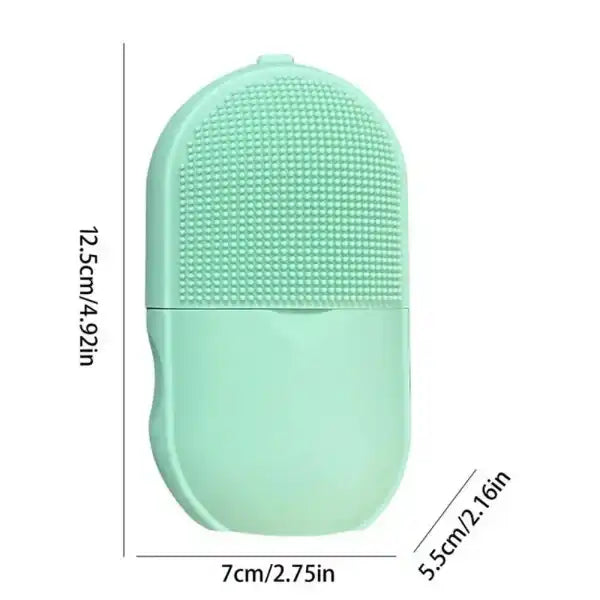 Mint green silicone cleaning brush with dimensions on a white background