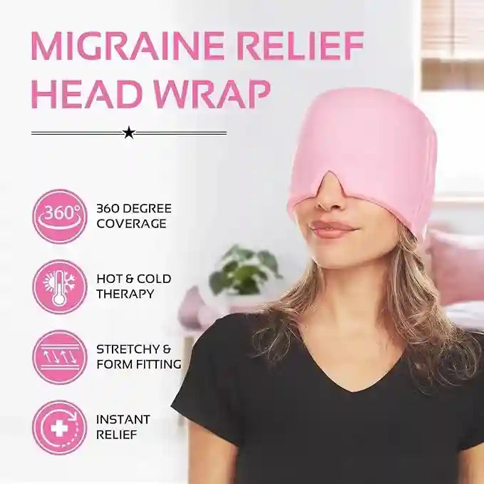 Pink migraine relief head wrap worn by a person with product features listed on a white background