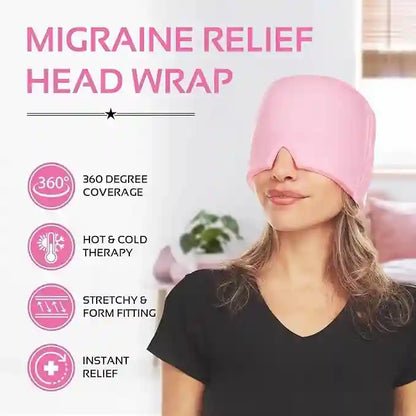 Pink migraine relief head wrap worn by a person with product features listed on a white background