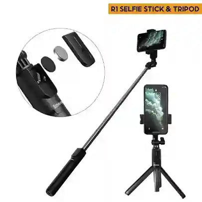 Black selfie stick and tripod with smartphone holder on a white background