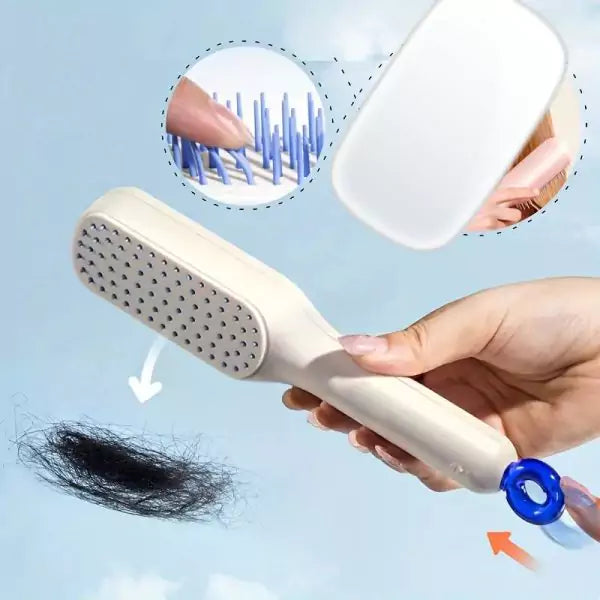 Hand holding a grooming brush with hair being removed, showing close-up details on a light blue background.