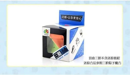 Rubik's Cube packaging with a blue label on a light blue background