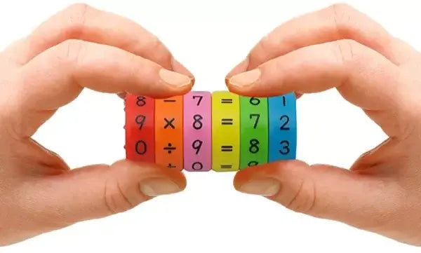 Colorful math-themed puzzle with numbers and operations held by two hands on a white background