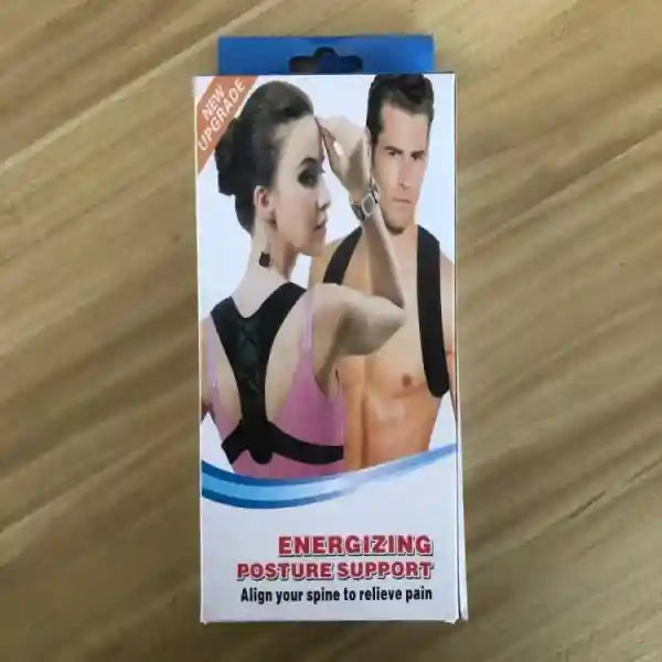 Energizing posture support product packaging on a wooden surface