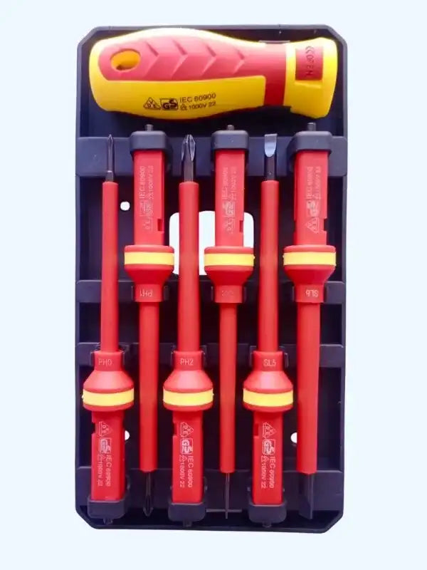 Set of red and yellow screwdrivers in a black holder on a white background
