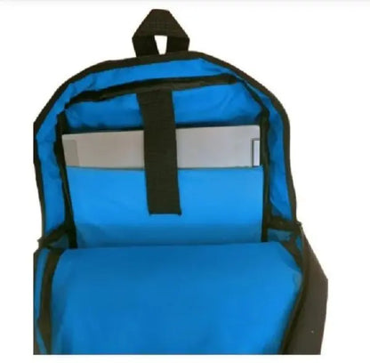 Blue backpack with black straps on a white background