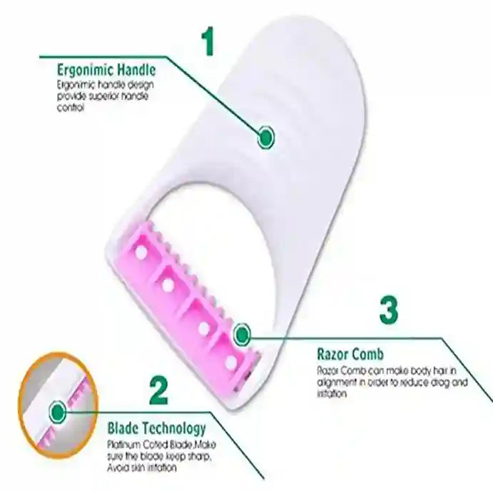 Product with ergonomic handle, blade technology, and razor comb features on a white background
