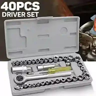 40-piece driver set in a gray case with tools visible