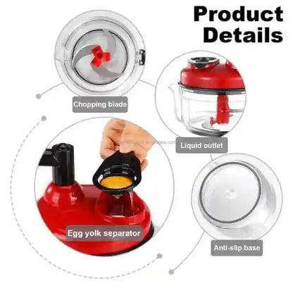 Red egg yolk separator with labeled parts on a white background