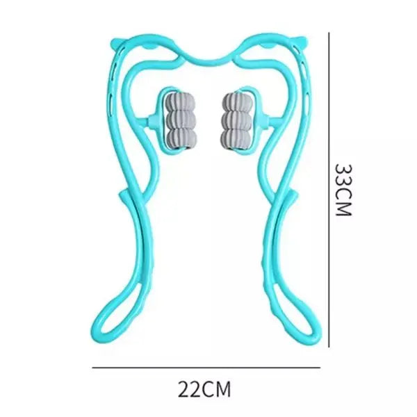 Turquoise neck and shoulder massager with measurement details on a white background