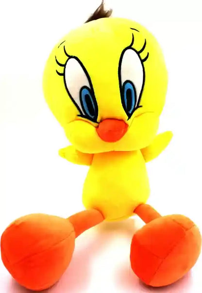 Plush toy of a yellow bird with blue eyes and orange feet on a white background
