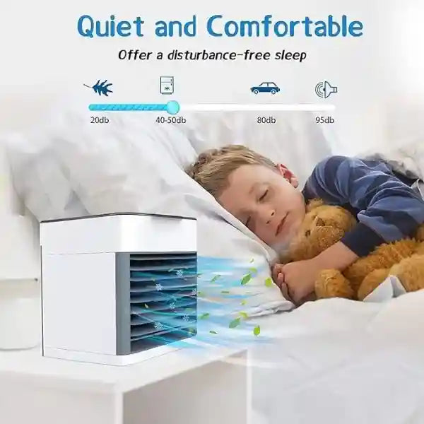 Child sleeping with a small air conditioner next to them, indicating quiet and comfortable sleep.