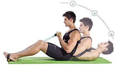 Two men performing an exercise using resistance bands on a white background