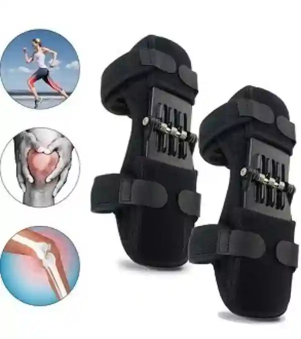 Pair of black knee supports with additional images showing a runner, knee pain, and a close-up of a knee.