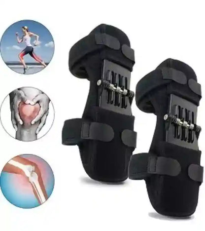 Pair of black knee supports with additional images showing a runner, knee pain, and a close-up of a knee.