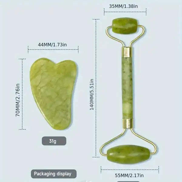 Green jade roller and gua sha tool with dimensions on a light gray background