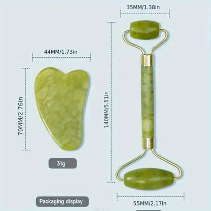 Green jade roller and gua sha tool with dimensions on a light gray background