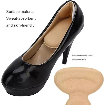 Black high-heeled shoe with a beige insole and additional beige insole on a white background.
